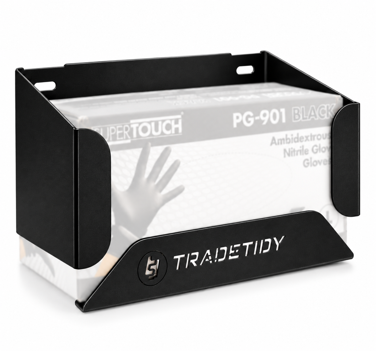 TradeTidy black Glove Box Holder with a box of nitrile gloves - wall-mounted steel holder for vans and workshops