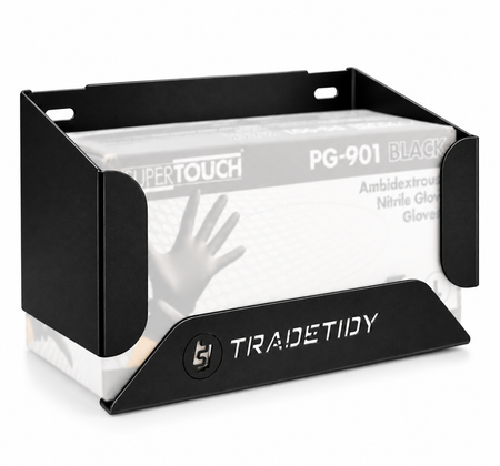 TradeTidy black Glove Box Holder with a box of nitrile gloves - wall-mounted steel holder for vans and workshops