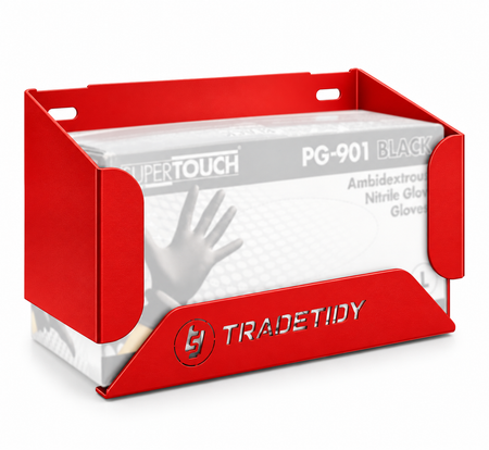 TradeTidy red Glove Box Holder with a box of nitrile gloves - wall-mounted steel holder for vans and workshops