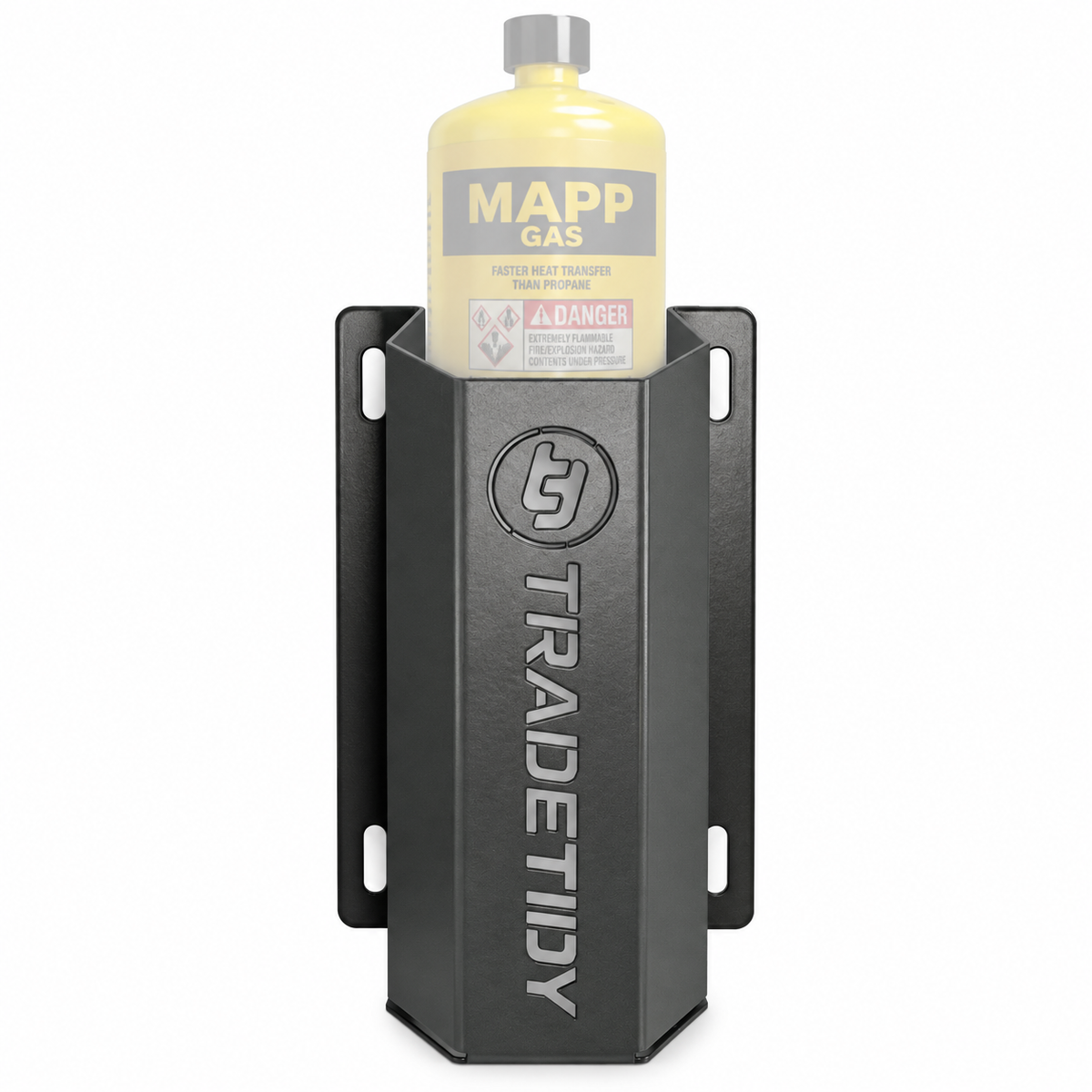 TradeTidy grey Propane / MAPP Gas Can Holder holding a MAPP gas cylinder - wall-mounted steel holder for vans and workshops