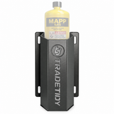 TradeTidy grey Propane / MAPP Gas Can Holder holding a MAPP gas cylinder - wall-mounted steel holder for vans and workshops