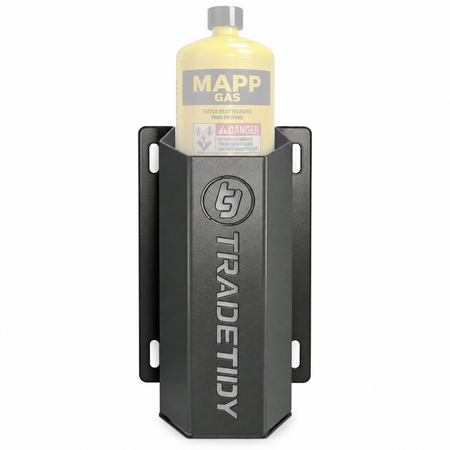 TradeTidy grey Propane / MAPP Gas Can Holder holding a MAPP gas cylinder - wall-mounted steel holder for vans and workshops
