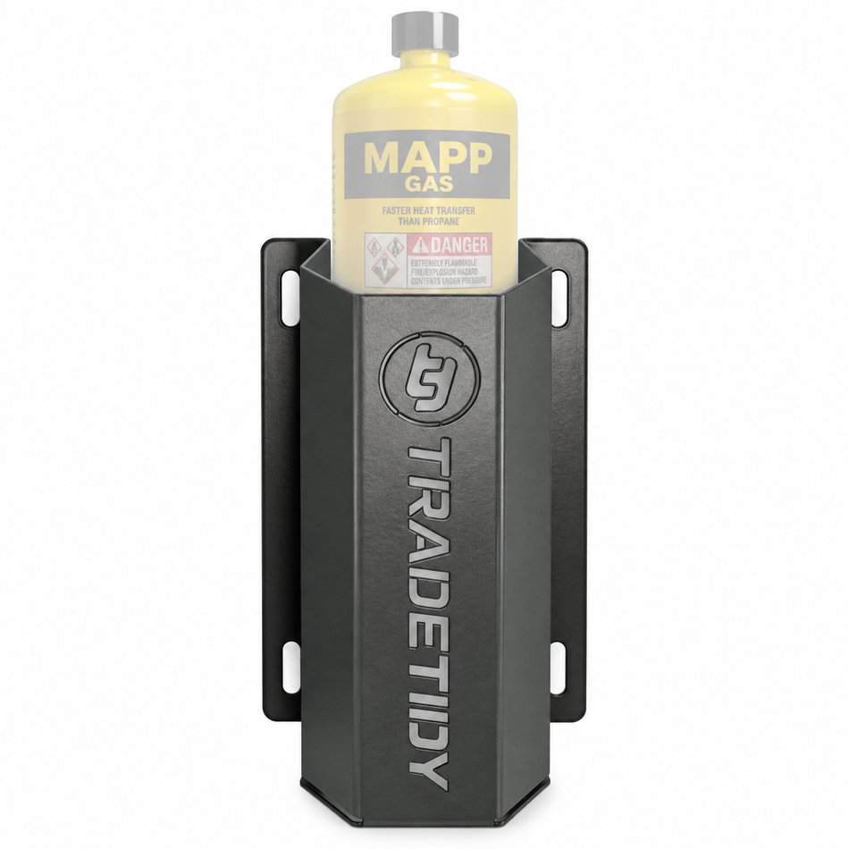 TradeTidy grey Propane / MAPP Gas Can Holder holding a MAPP gas cylinder - wall-mounted steel holder for vans and workshops