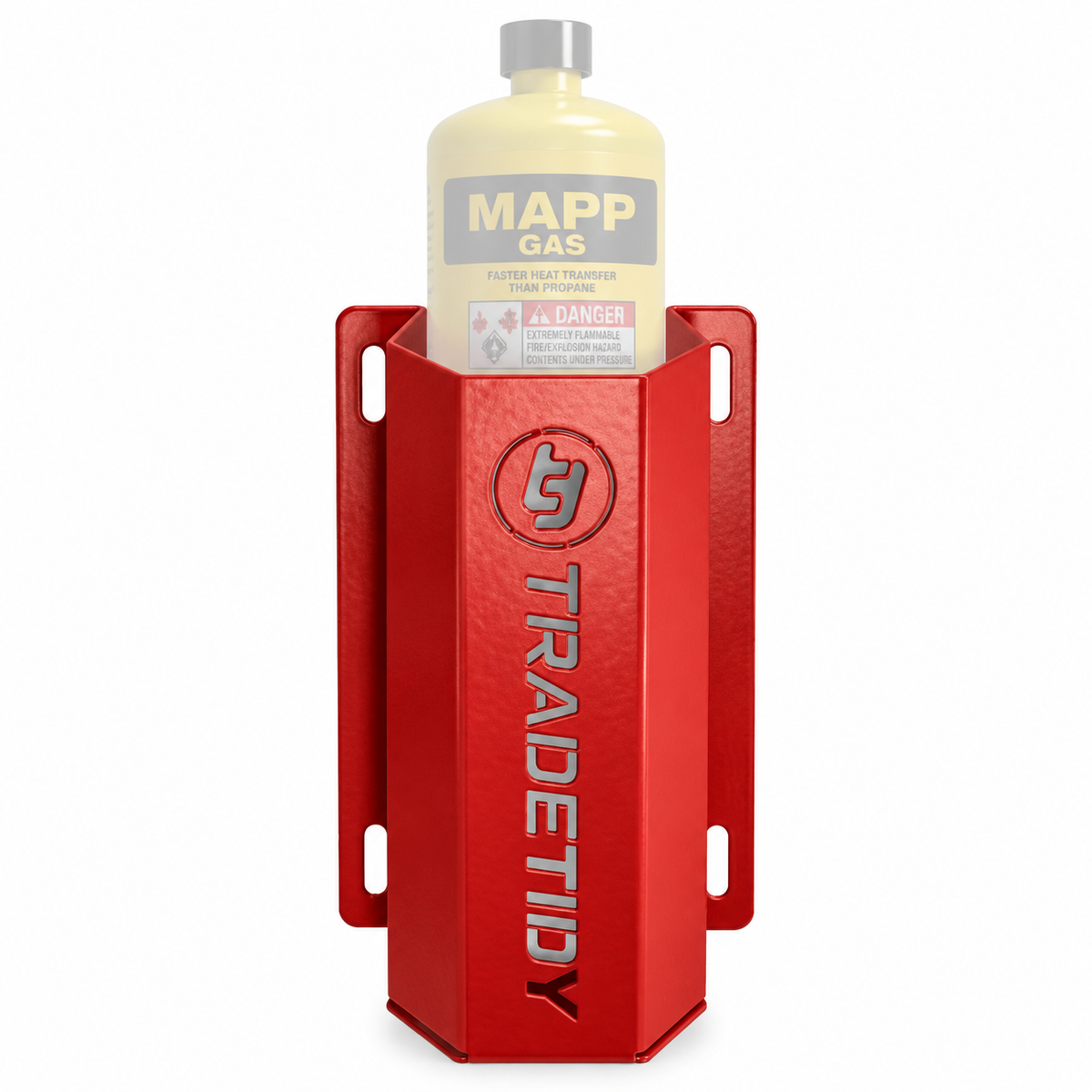 TradeTidy red Propane / MAPP Gas Can Holder holding a MAPP gas cylinder - wall-mounted steel holder for vans and workshops