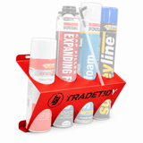 TradeTidy red Spray & Aerosol Can Holder holding four 65mm aerosol cans - UK-made steel holder for vans and workshops