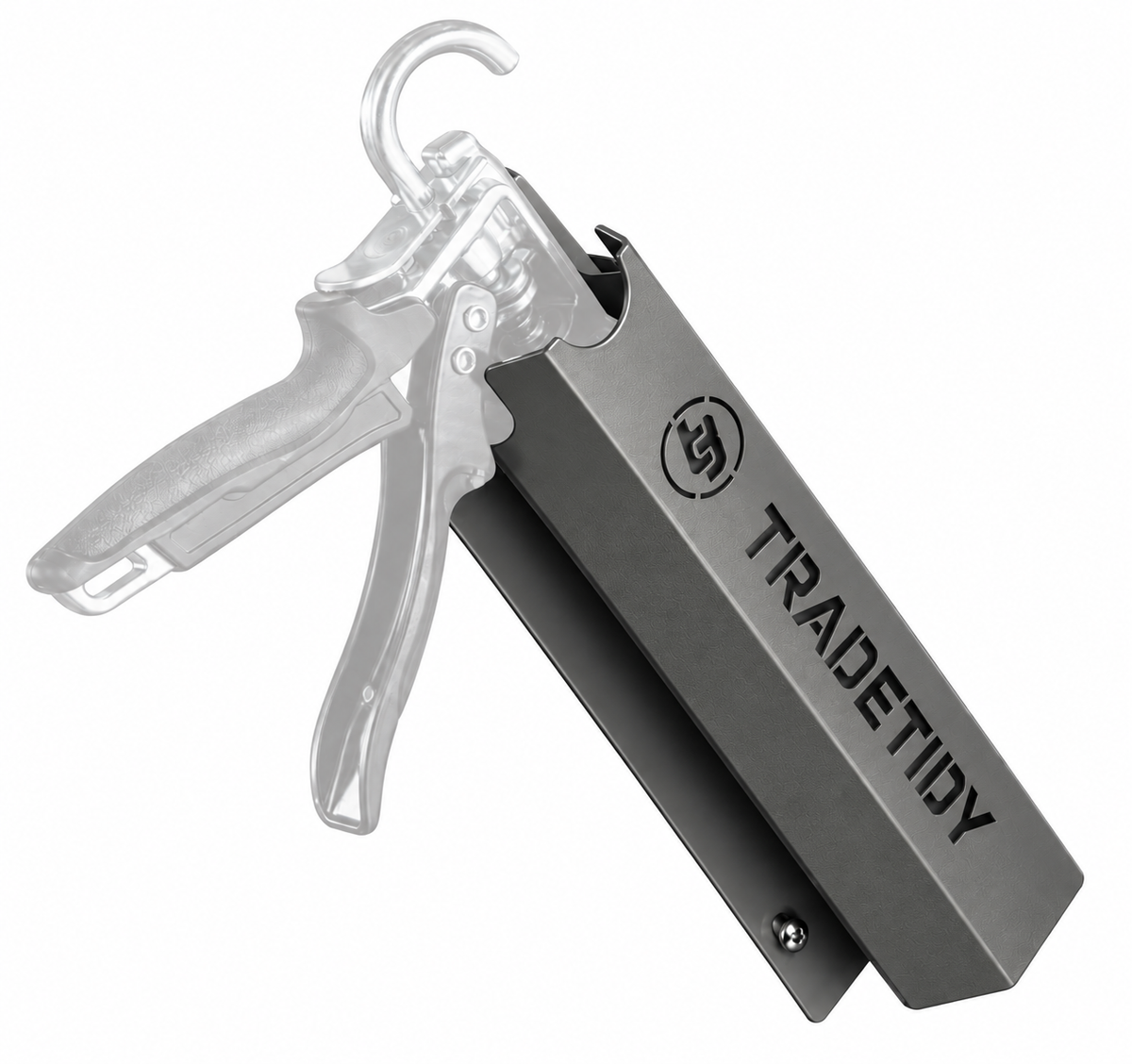 TradeTidy grey Silicone & Mastic Gun Holder with a sealant gun stowed in it — UK-made powder-coated steel for vans and workshops
