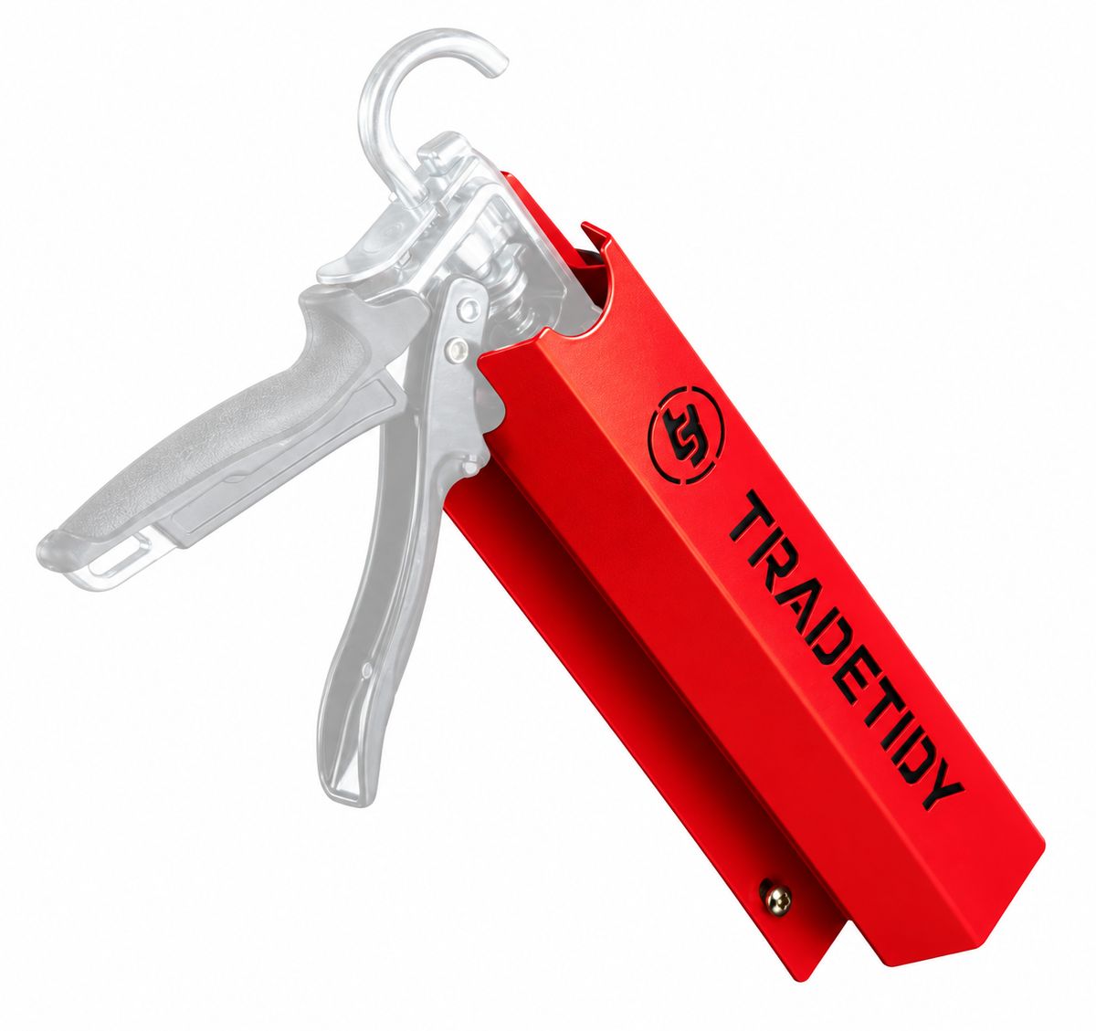 TradeTidy red Silicone & Mastic Gun Holder with a sealant gun stowed in it — UK-made powder-coated steel for vans and workshops