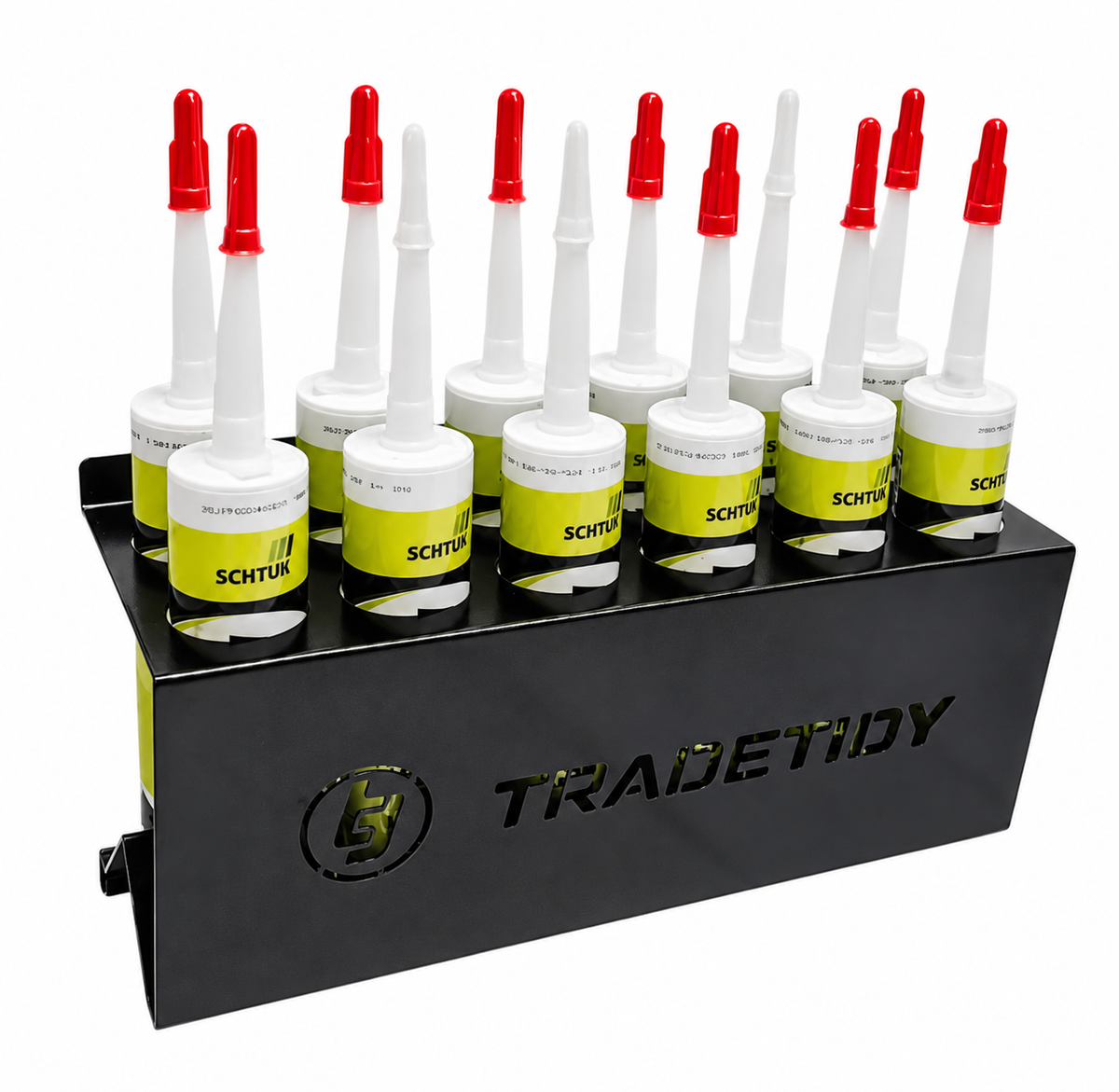 TradeTidy black 12-Tube Silicone & Sealant Holder filled with twelve sealant cartridges — UK-made powder-coated steel for vans and workshops