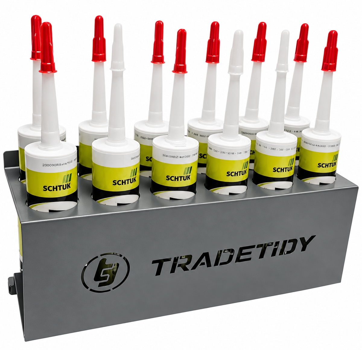 TradeTidy grey 12-Tube Silicone & Sealant Holder filled with twelve sealant cartridges — UK-made powder-coated steel for vans and workshops