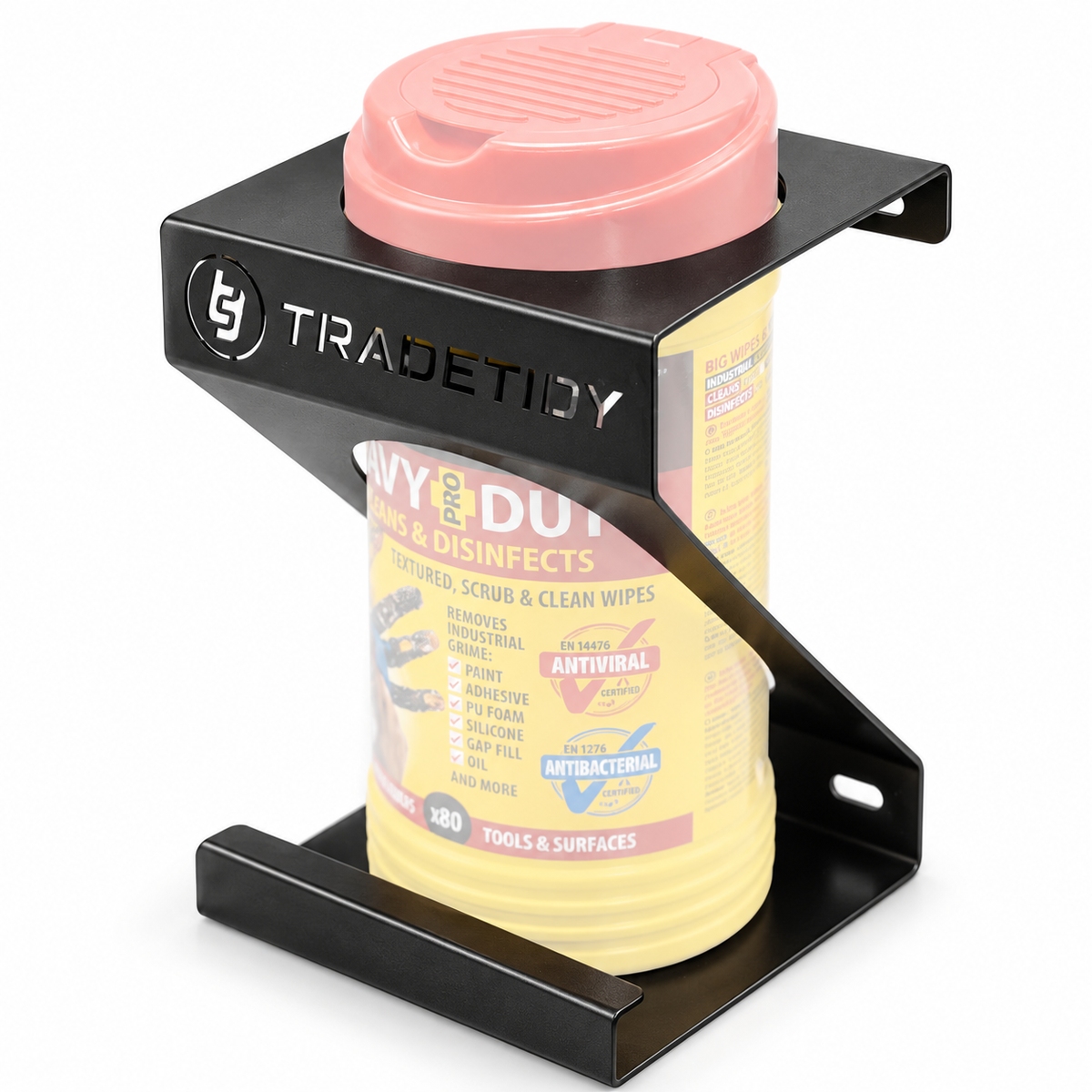 TradeTidy black Wipes Holder with a tub of heavy-duty wipes - wall-mounted steel holder for vans and workshops