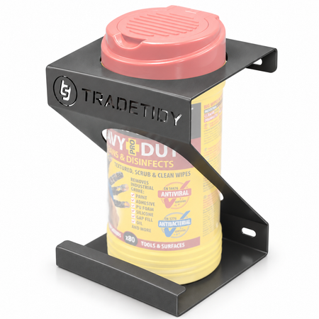 TradeTidy grey Wipes Holder with a tub of heavy-duty wipes - wall-mounted steel holder for vans and workshops