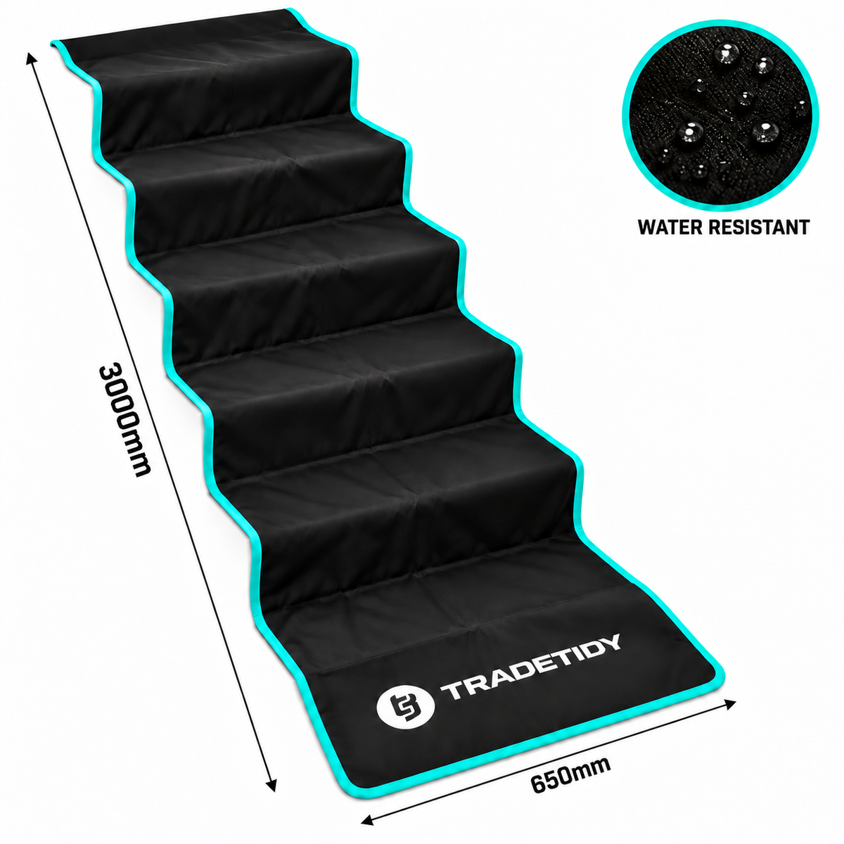 Black TradeTidy stair runner with teal edging laid over stairs, labelled 3000mm by 650mm and water resistant