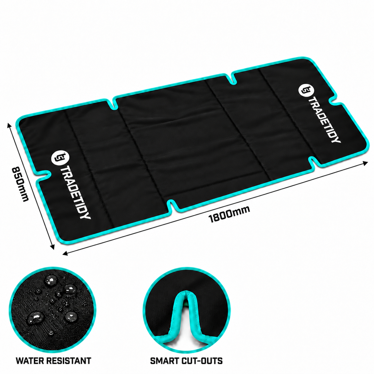 Black TradeTidy work mat with teal edging and edge cut-outs, labelled 1800mm by 850mm, water resistant