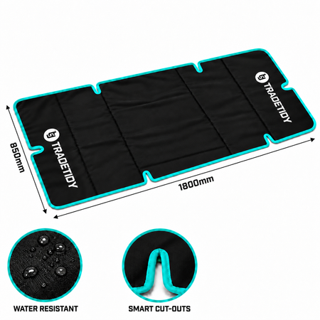 Black TradeTidy work mat with teal edging and edge cut-outs, labelled 1800mm by 850mm, water resistant