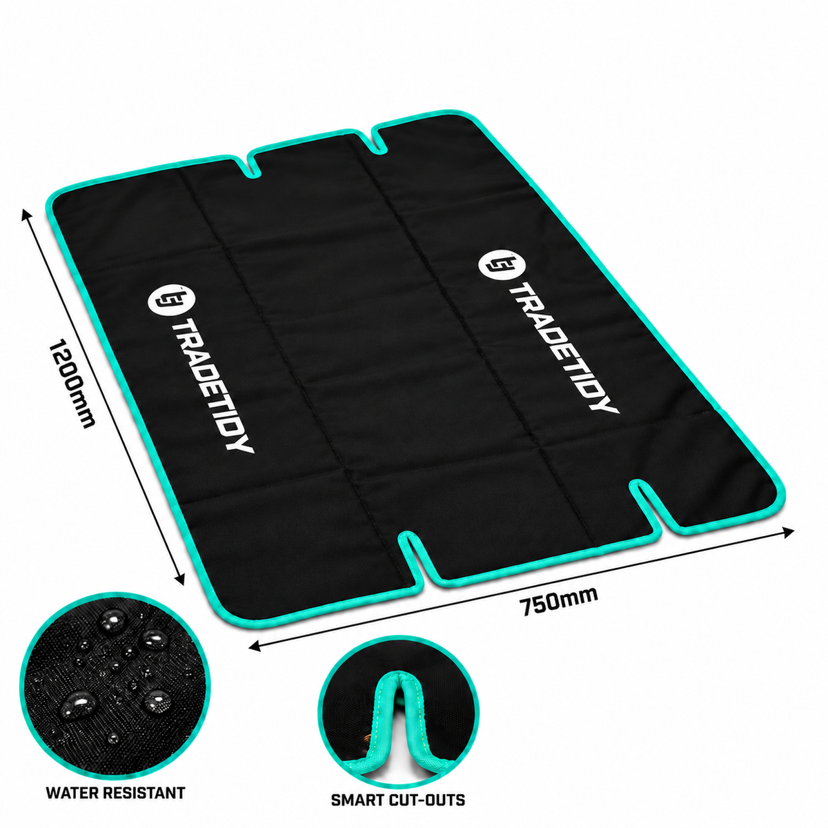 Black TradeTidy work mat with teal edging and edge cut-outs, labelled 1200mm by 750mm, water resistant