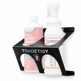 TradeTidy black Glass & PVCu Cleaner Holder holding a spray bottle and a PVCu solvent cleaner bottle - wall-mounted steel holder for vans