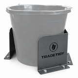 TradeTidy grey Bucket & Dust Extractor Brackets (pair) holding a grey builder's bucket - wall-mounted steel brackets for vans and workshops