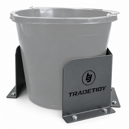 TradeTidy grey Bucket & Dust Extractor Brackets (pair) holding a grey builder's bucket - wall-mounted steel brackets for vans and workshops
