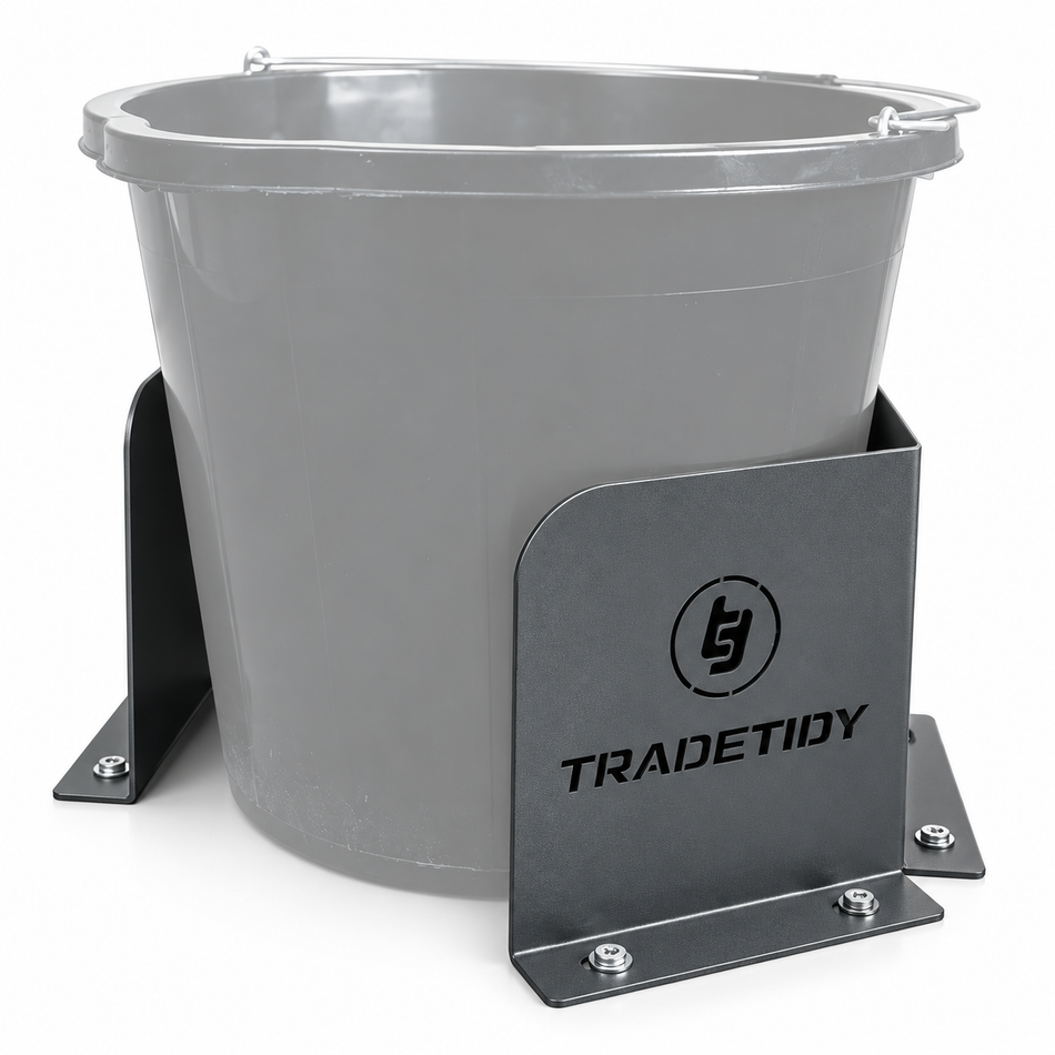 TradeTidy grey Bucket & Dust Extractor Brackets (pair) holding a grey builder's bucket - wall-mounted steel brackets for vans and workshops