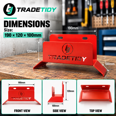 TradeTidy Hose Holder dimensions guide - 190mm wide, 120mm high, 100mm deep, with front, side and top views
