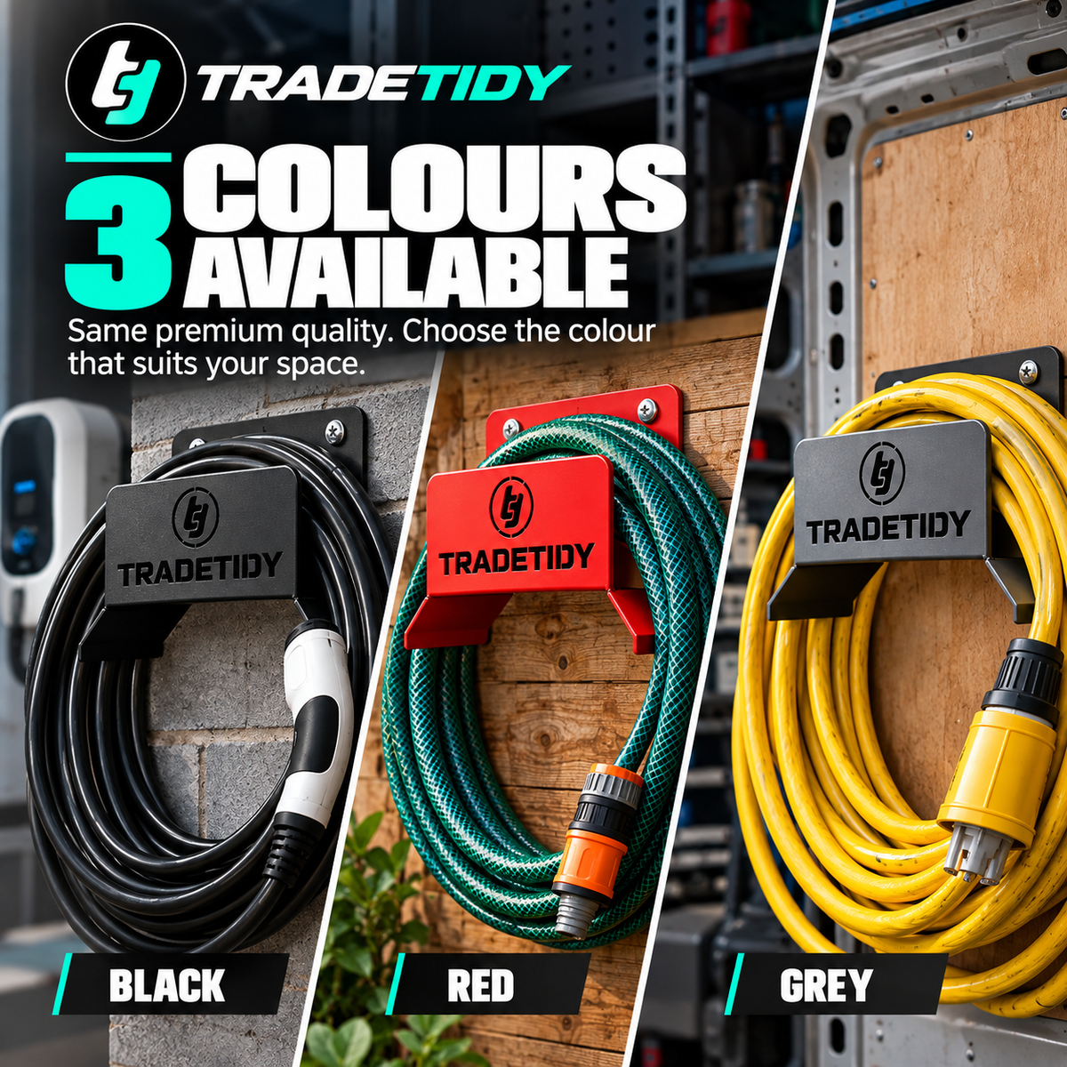 TradeTidy Hose Holder available in three colours - black, red and grey - each holding a coiled hose on a wooden wall