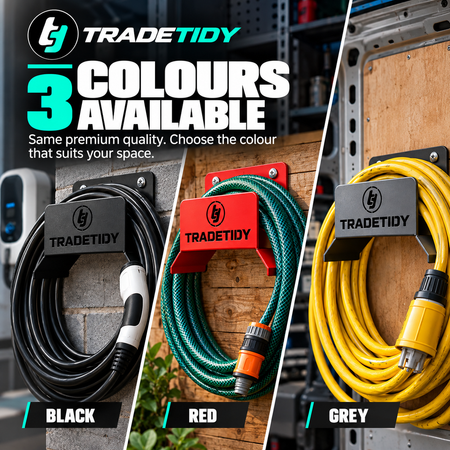 TradeTidy Hose Holder available in three colours - black, red and grey - each holding a coiled hose on a wooden wall