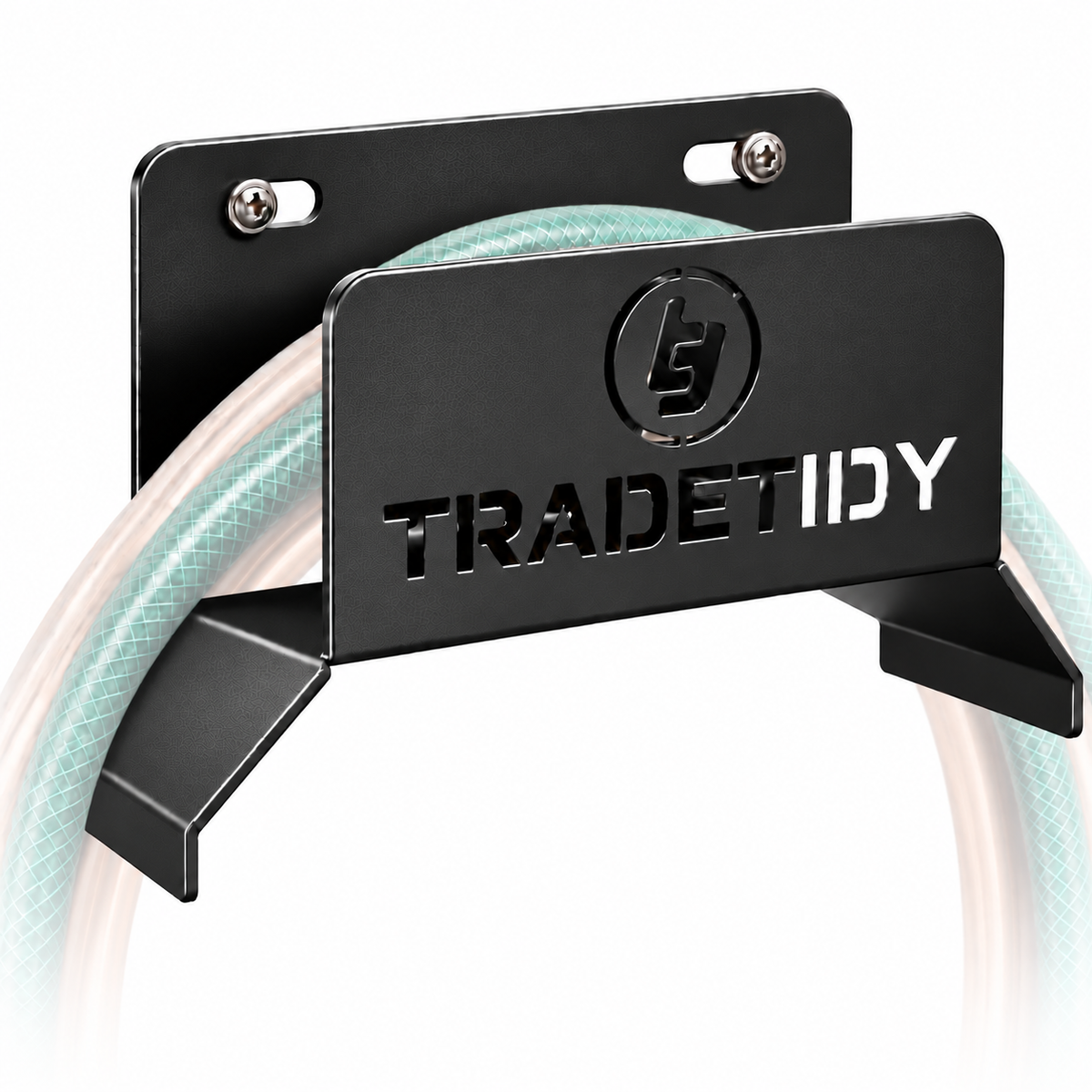 TradeTidy black Hose, Cable & Air Line Holder with a coiled hose - wall-mounted steel holder for vans and workshops