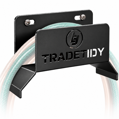 TradeTidy black Hose, Cable & Air Line Holder with a coiled hose - wall-mounted steel holder for vans and workshops