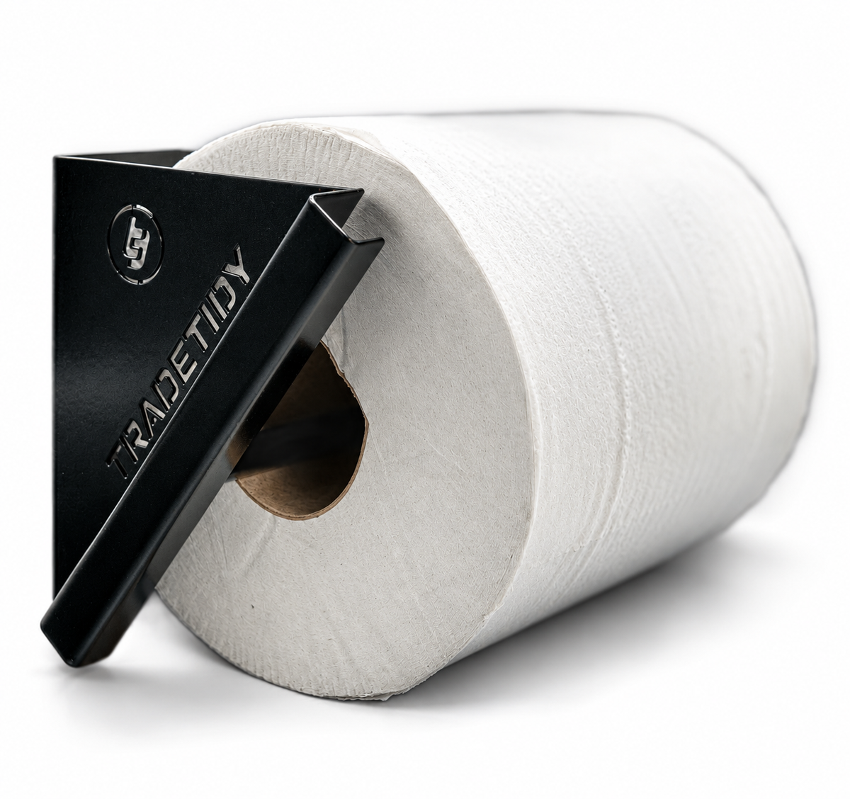 TradeTidy black paper roll holder with a 200mm white blue roll — wall-mounted steel holder for vans and workshops