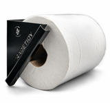 TradeTidy black paper roll holder with a 200mm white blue roll — wall-mounted steel holder for vans and workshops