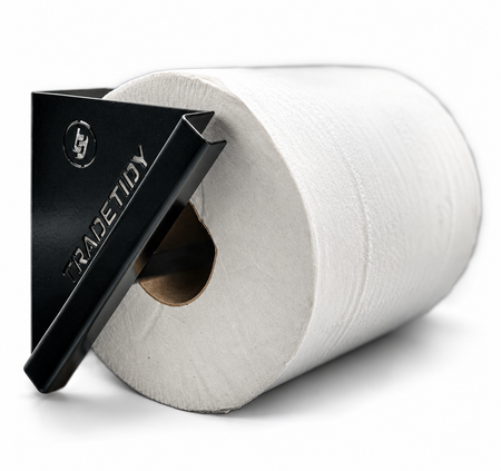 TradeTidy black paper roll holder with a 200mm white blue roll — wall-mounted steel holder for vans and workshops