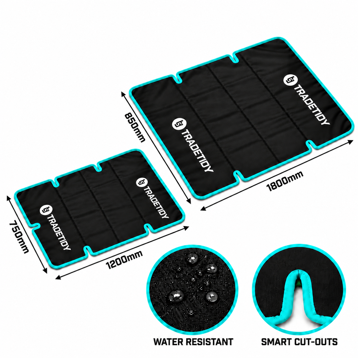 Two black TradeTidy work mats with teal edging and cut-outs, labelled 1200mm by 750mm and 1800mm by 850mm
