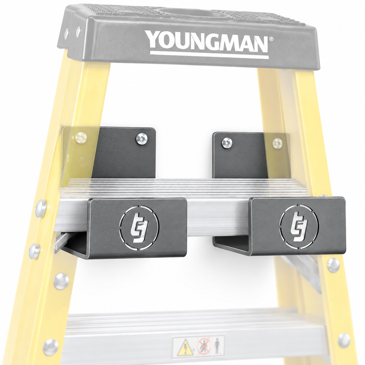 TradeTidy grey ladder brackets (pair) fitted to a yellow Youngman step ladder — van and workshop ladder storage