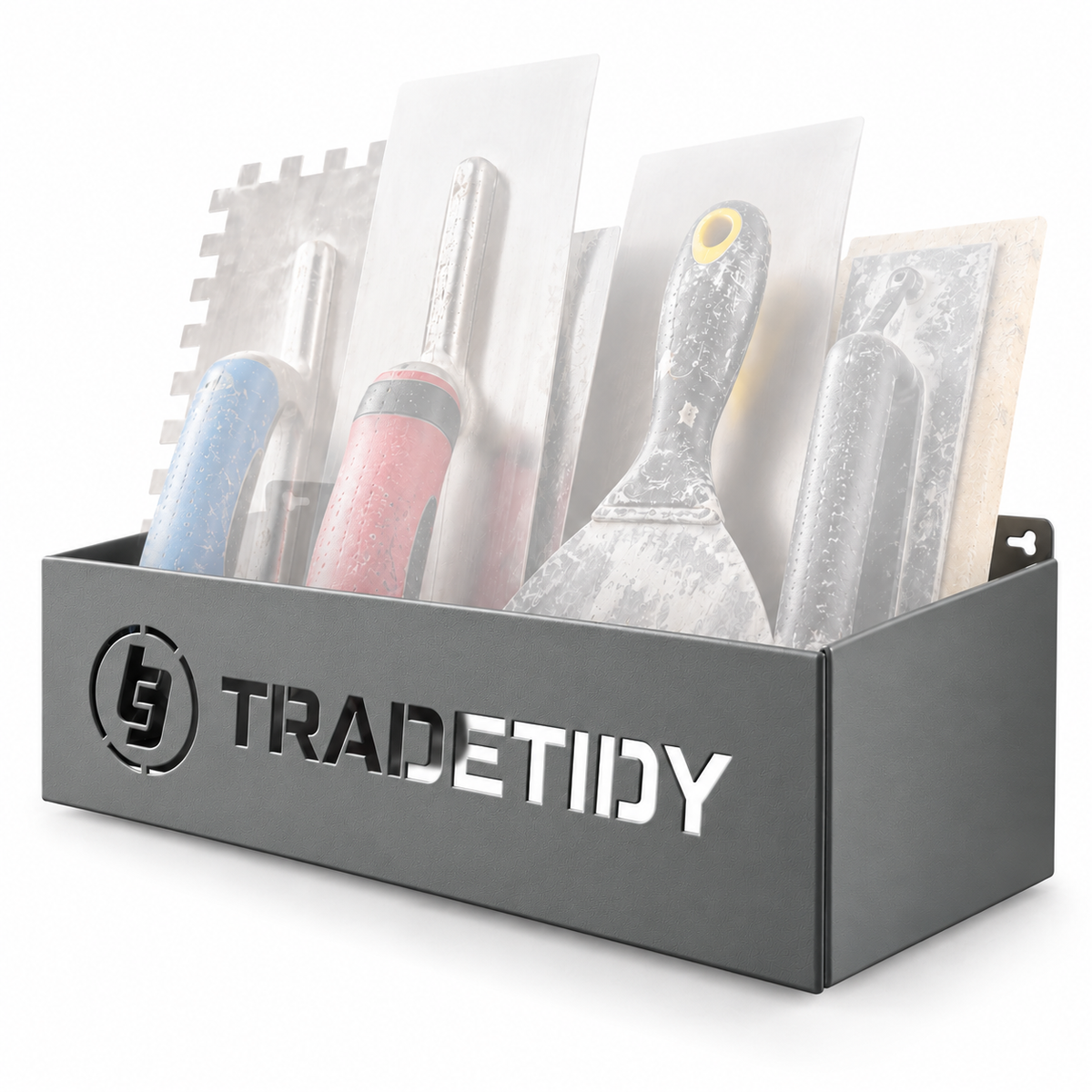 TradeTidy grey 330mm storage tray holding plastering trowels and a filling knife — wall-mounted steel tray for vans and workshops