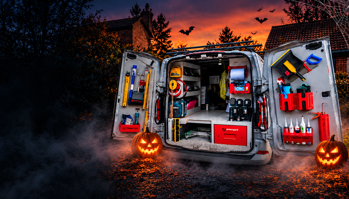 TradeTidy van at dusk with Halloween pumpkins