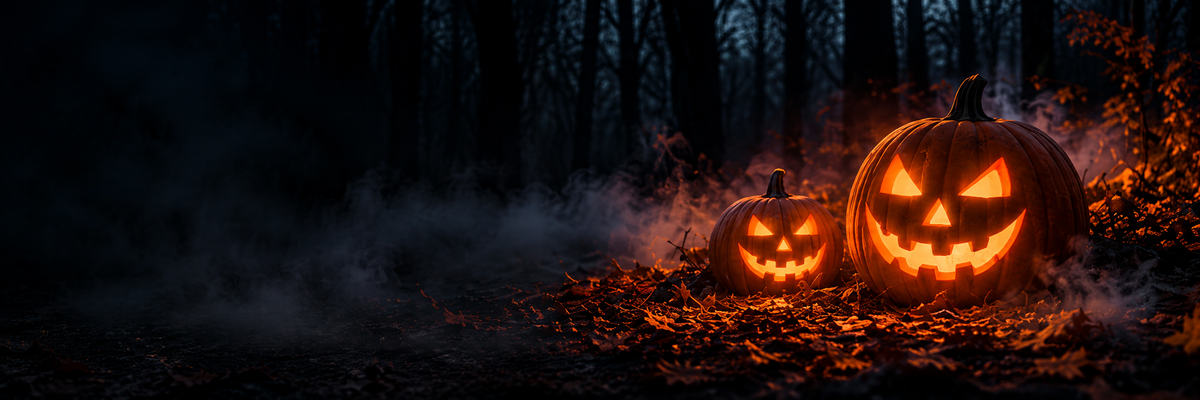 Glowing pumpkins in a dark woodland scene