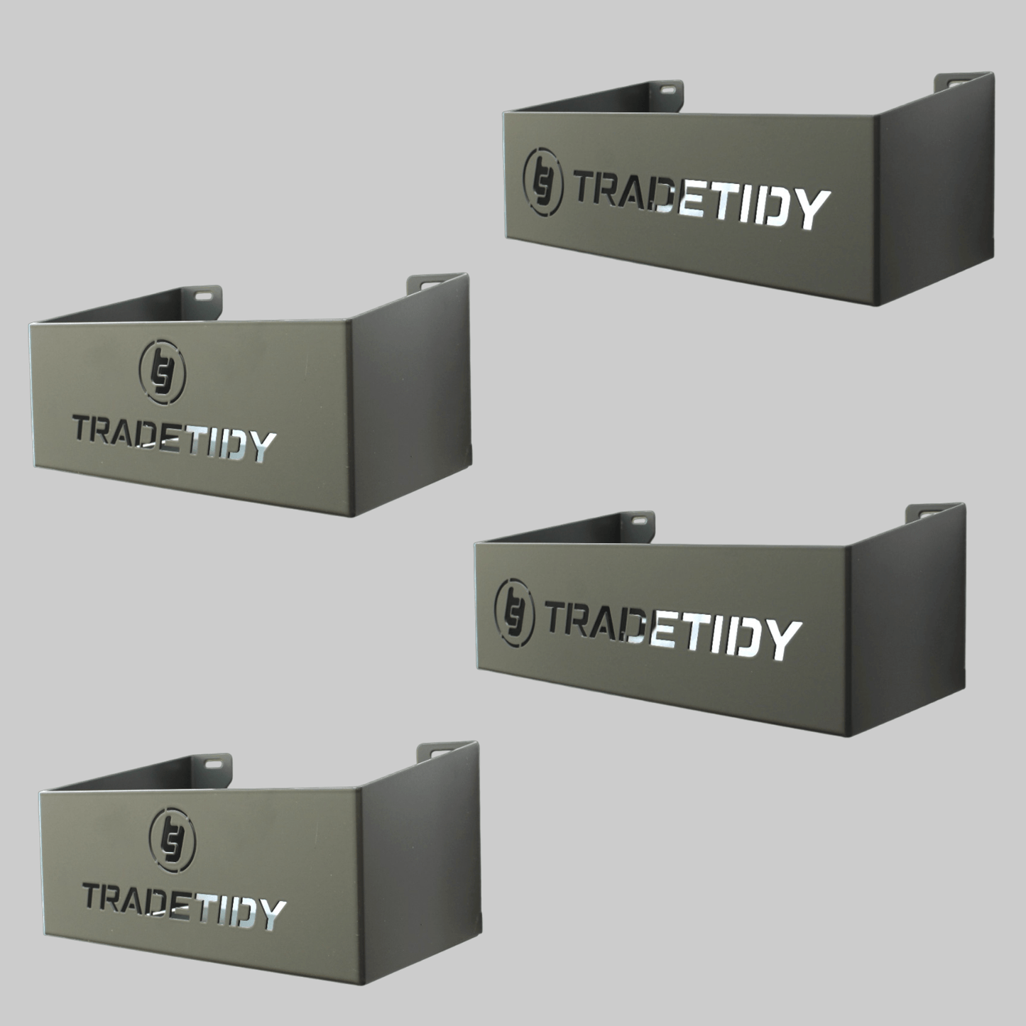 A set of four gray metal storage trays with the branding 'TRADETIDY'.