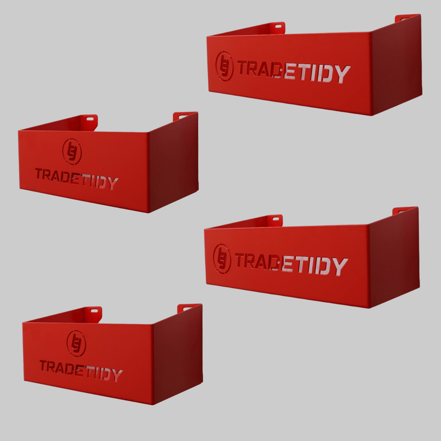 A set of four red metal storage trays with the branding 'TRADETIDY'.