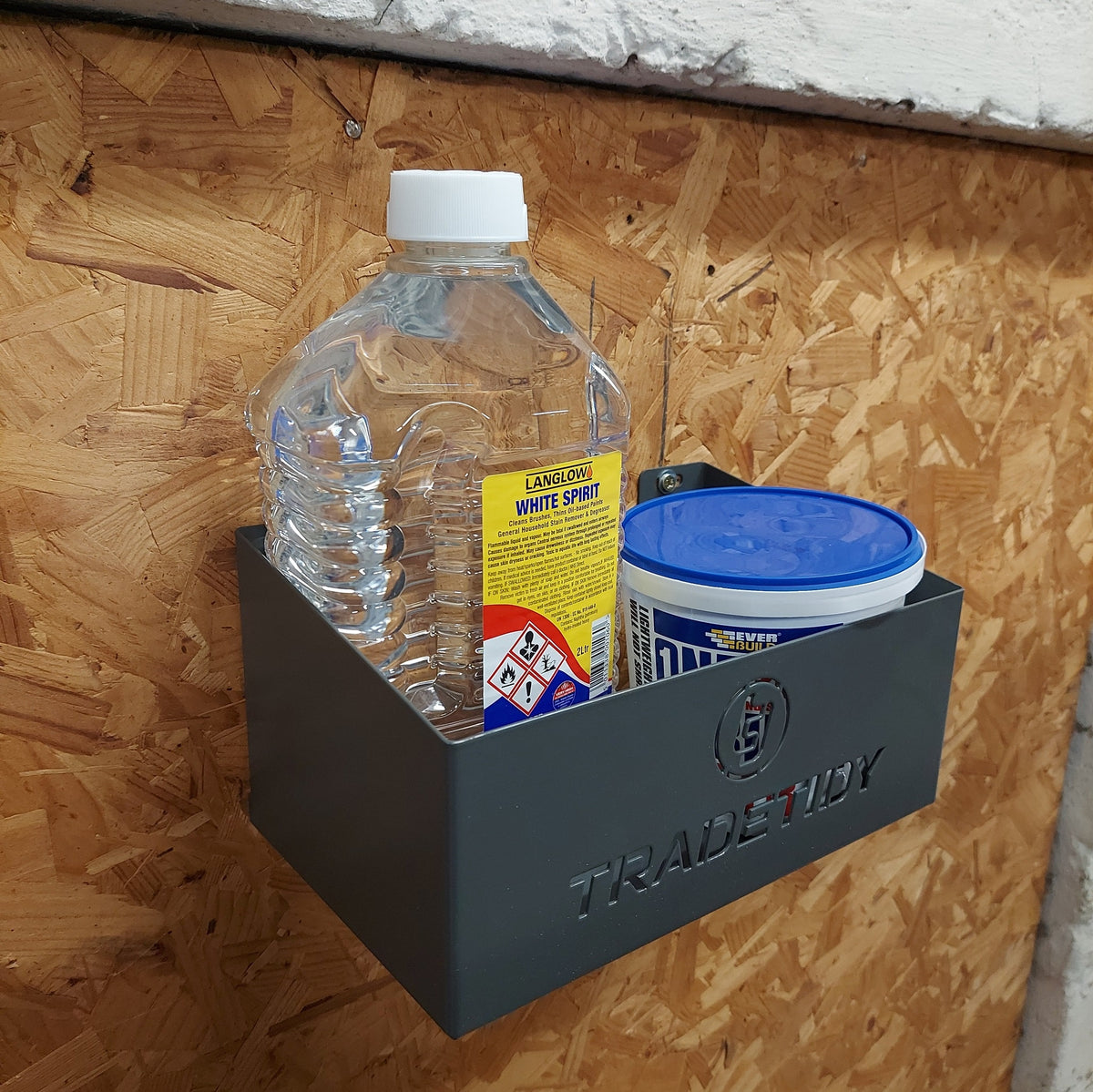 TradeTidy - Bottles in a grey Storage Tray Mounted on a Wooden Wall (view 2)