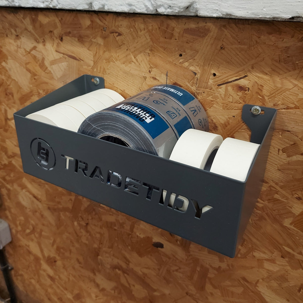 TradeTidy - Tape in aGray Storage Tray Mounted on a Wooden Wall.